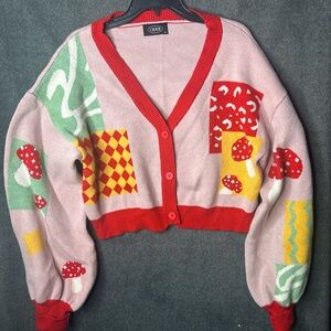 Cider oversized light pink mushroom pattern heavy thick cardigan comfy cozy soft